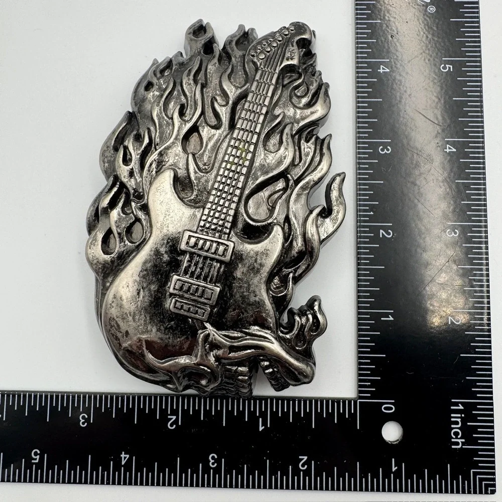 Screaming Skull Electric Guitar Flames Belt Buckle‎ Antique Silver Biker Rocker
